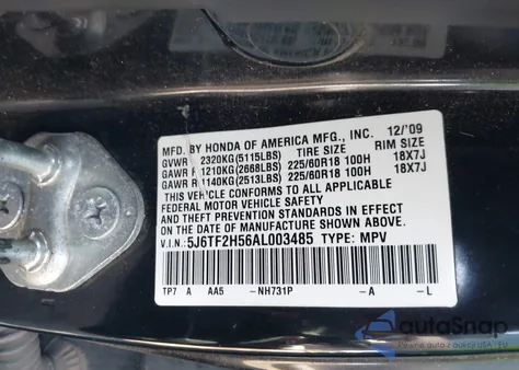 2010 Honda Accord Crosstour Ex-L from USA, damaged, VIN 5J6TF2H56AL003485